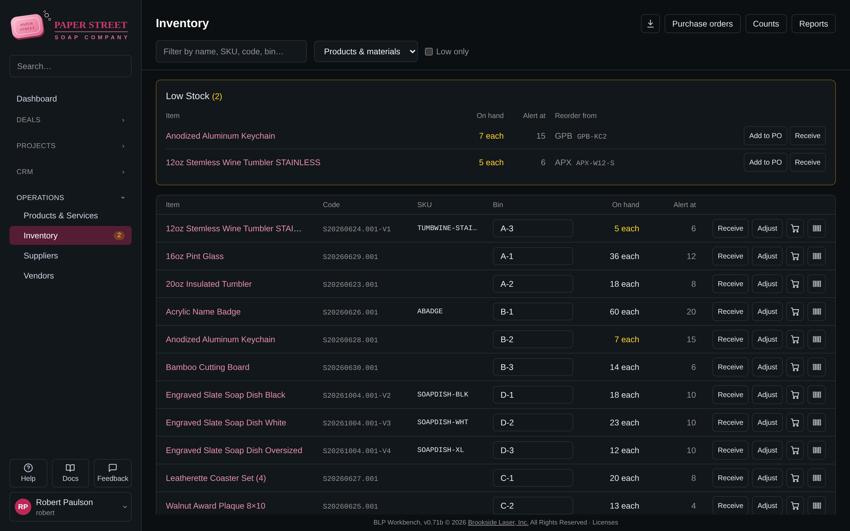 Inventory list with stock levels per item