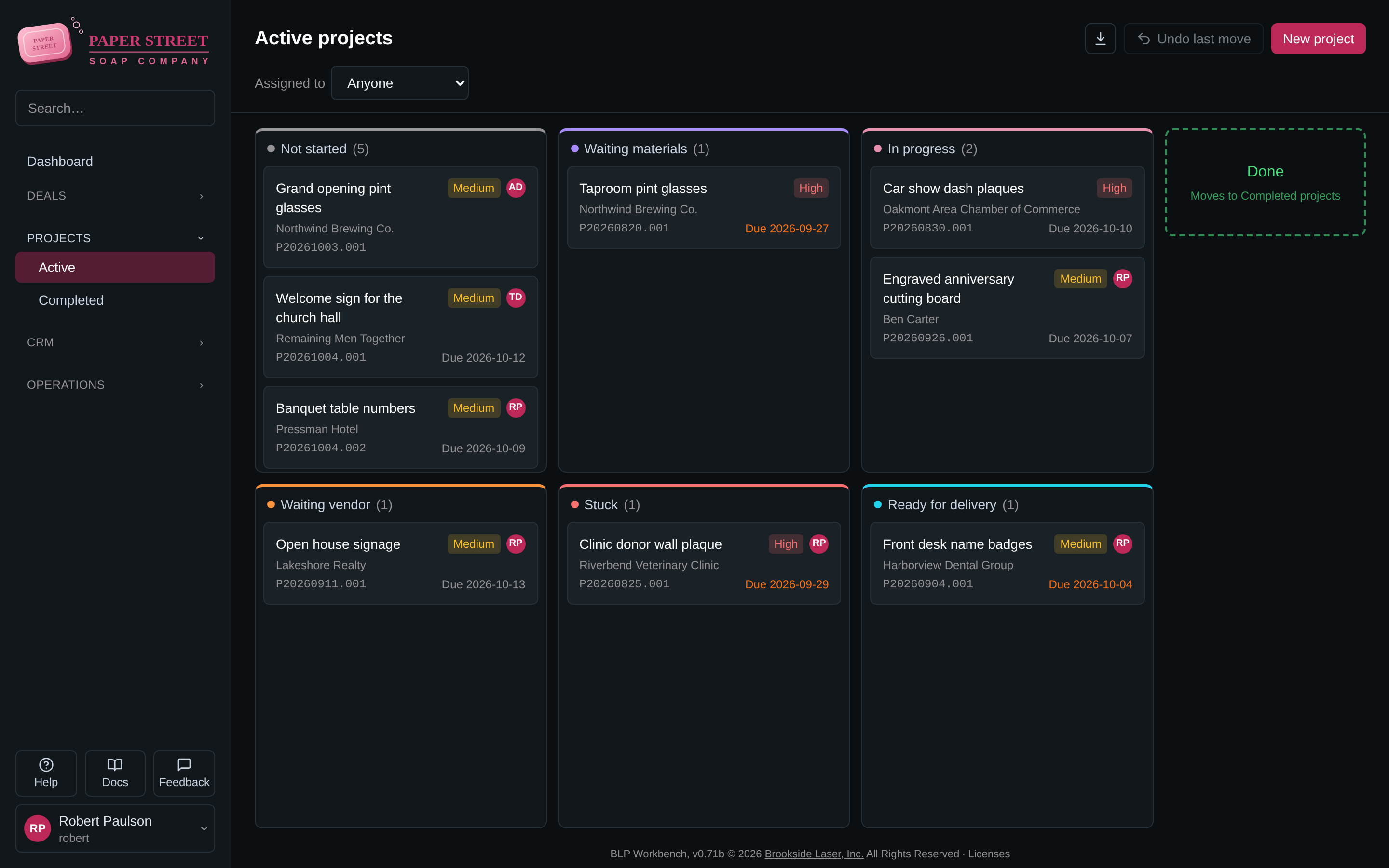 Projects board grouped by status